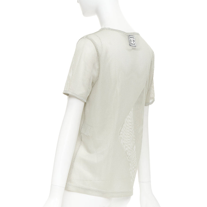 CHANEL SPORTS 03P Vintage grey sheer mesh silver CC logo split neck top FR40 L