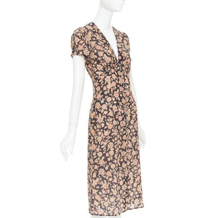 REALISATION Monica silk brown black floral shell buttons puff sleeve dress XS