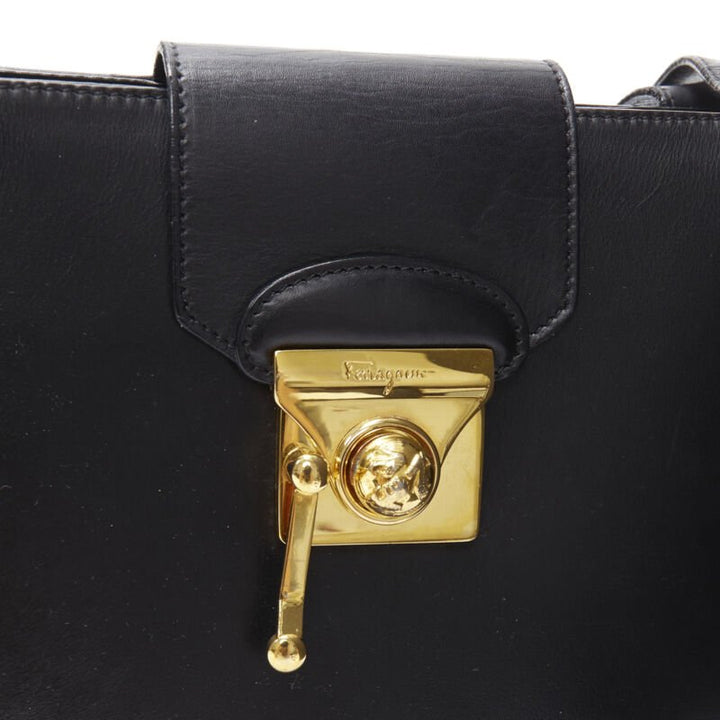 vintage SALVATORE FERRAGAMO black smooth leather gold clasp lock shoulder bag