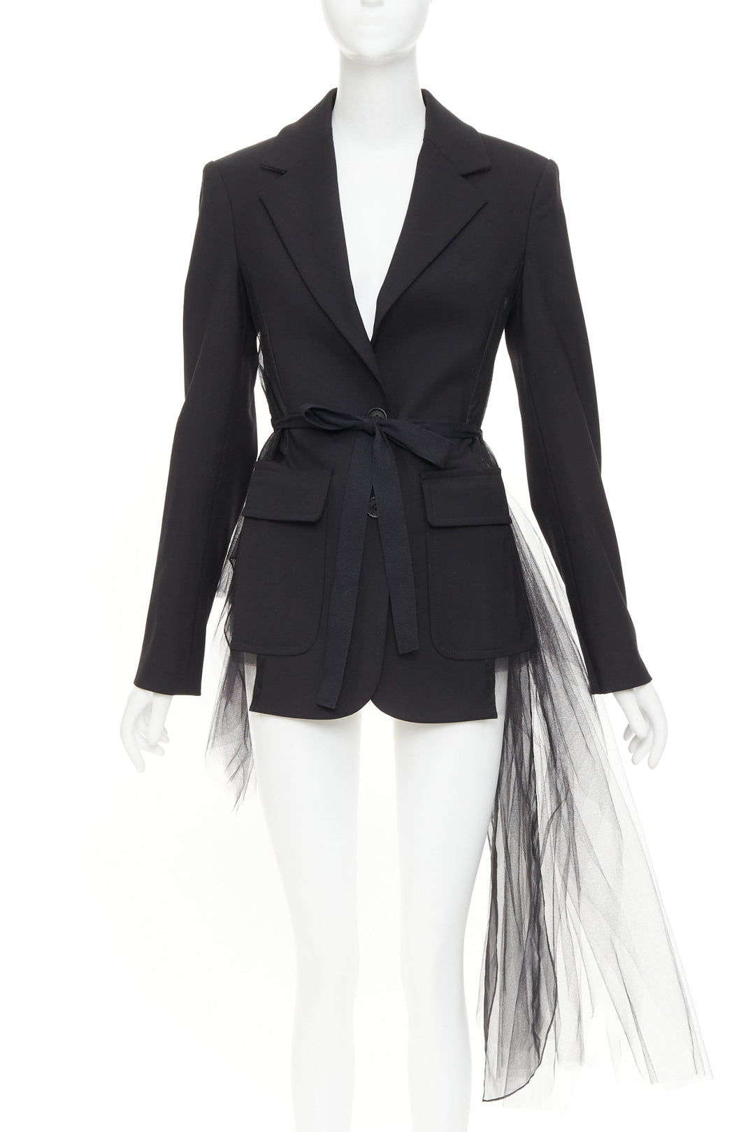 MONSE black virgin wool sheer tulle asymmetric back hybrid blazer jacket US0 XS