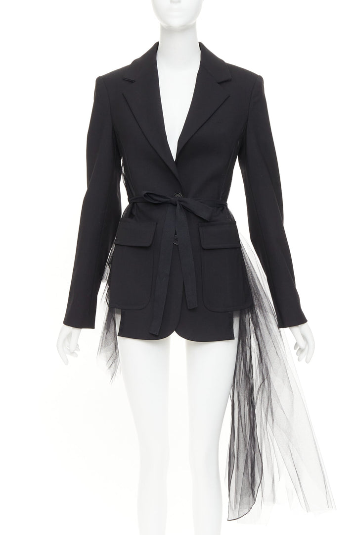 MONSE black virgin wool sheer tulle asymmetric back hybrid blazer jacket US0 XS