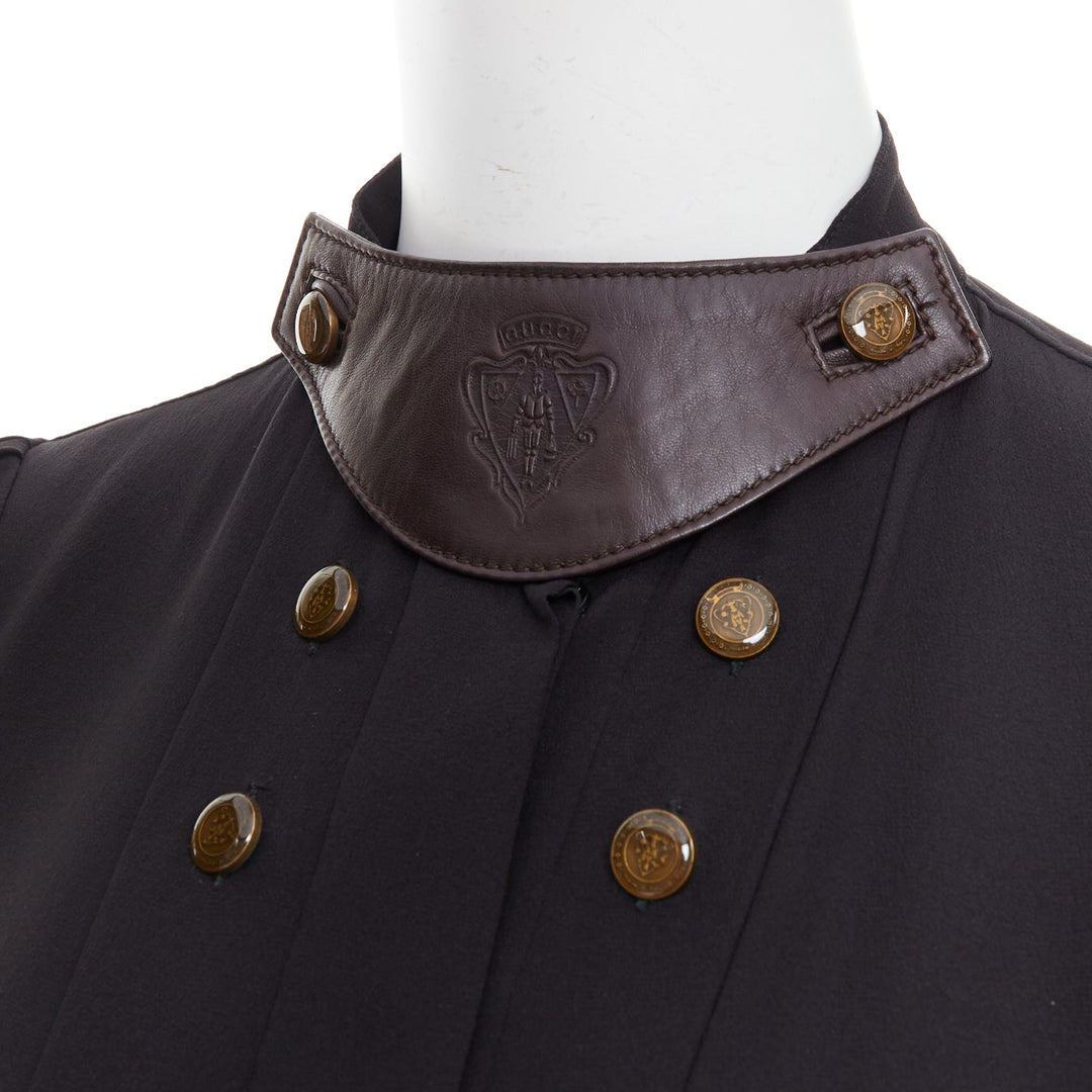 GUCCI 2008 100% silk black leather crest collar double breasted blouse IT38 XS