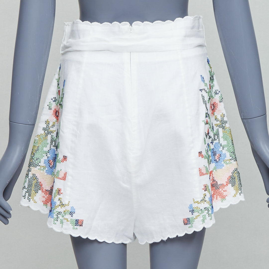 ZIMMERMANN Juliette white linen floral embroidery belted shorts US2 XXS