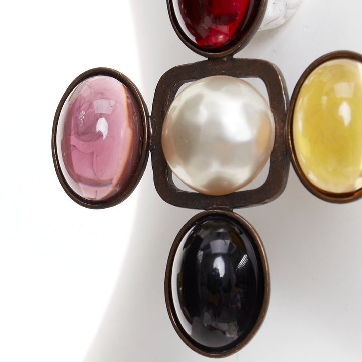 rare SAINT LAURENT Runway Resin Cabochon Cross aged bronze clip earrings Pair