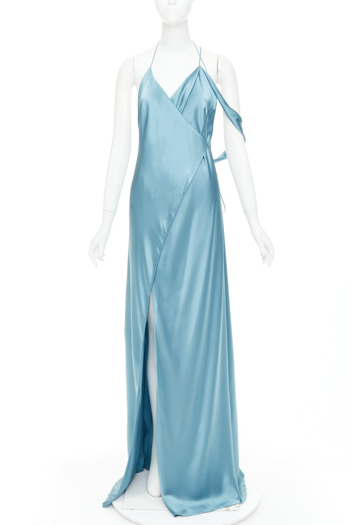 MICHELLE MASON teal blue 100% silk strappy cowl wrap high slit gown dress US4 S