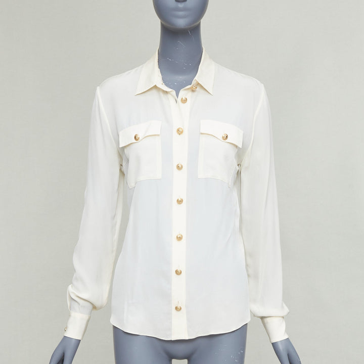 BALMAIN cream 100% silk gold buttons pocketed military blouse FR36 S