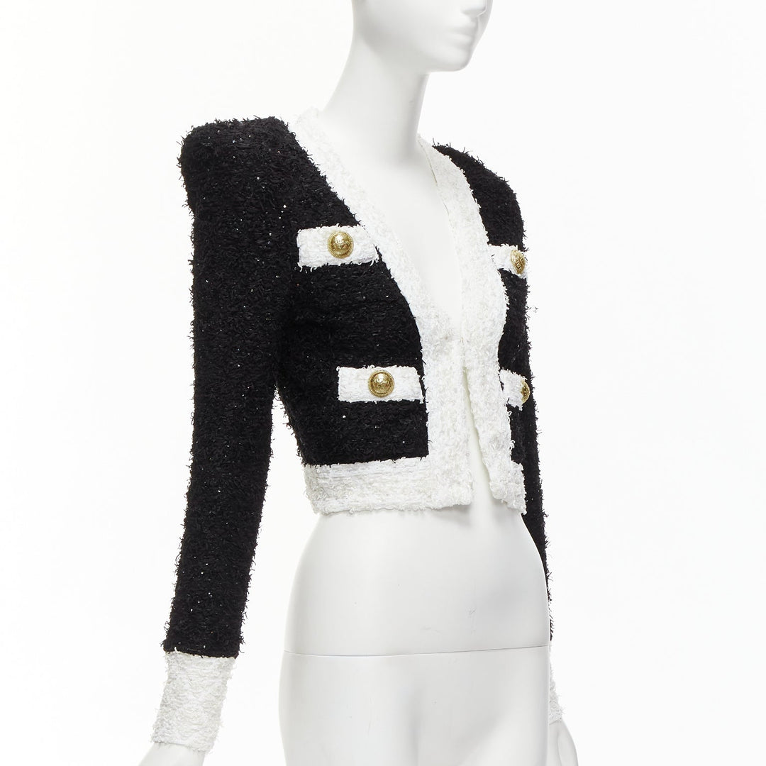 BALMAIN black white metallic tweed 4 pockets cropped blazer jacket FR34 XS