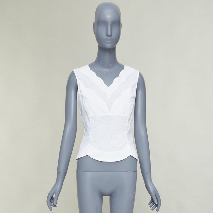 CHRISTIAN DIOR white cotton scalloped collar detail fitted vest shirt FR36 S