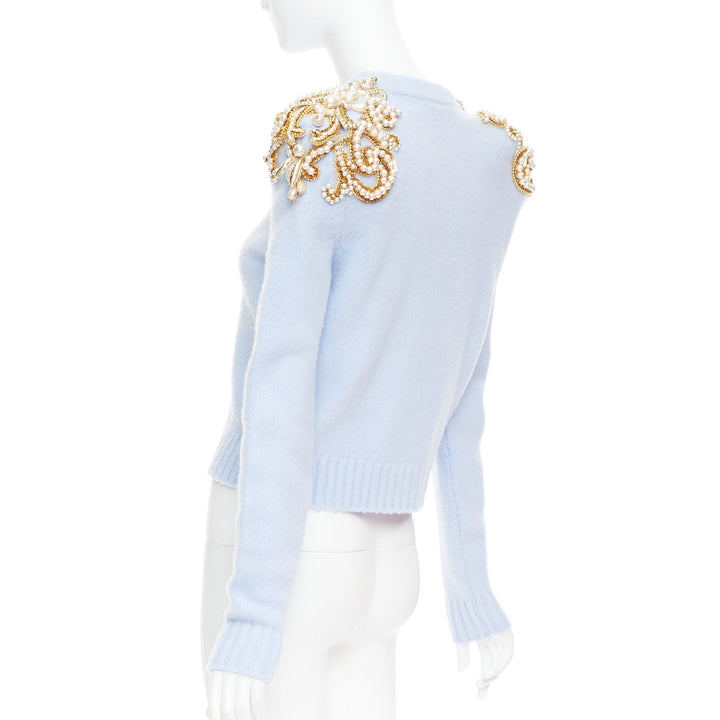 BALMAIN powder blue wool cashmere gold pearl embellished sweater FR36 S
