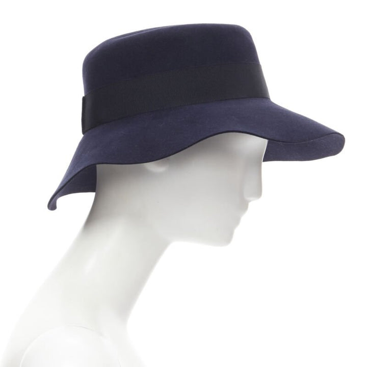 MAISON MICHEL navy blue black grosgrain M logo detail fedora hat S 56cm