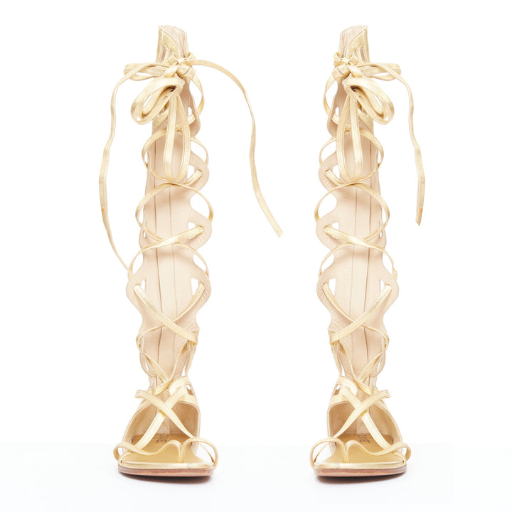 CHANEL 2011 gold leather criss cross calf toe ring gladiator flat sandals