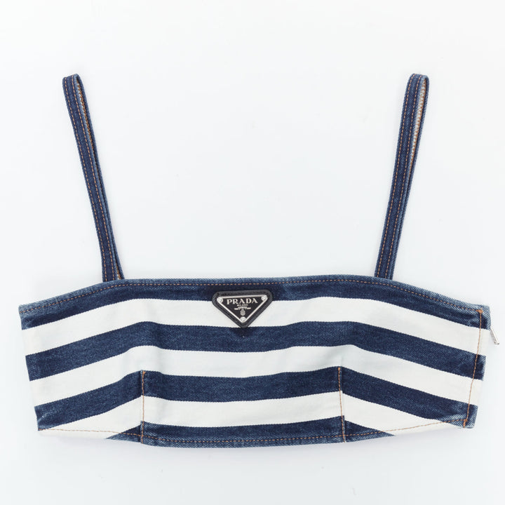 new PRADA blue white striped black triangle logo denim bustier bra IT36 XXS