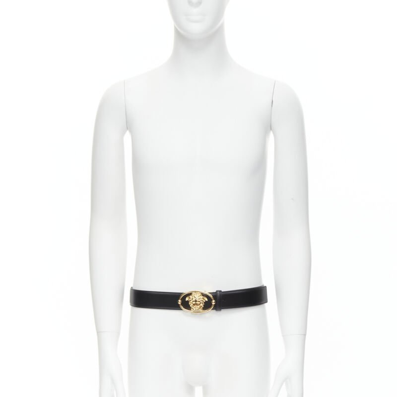 VERSACE La Medusa Insignia gold oval buckle black leather belt 115cm 44-48"
