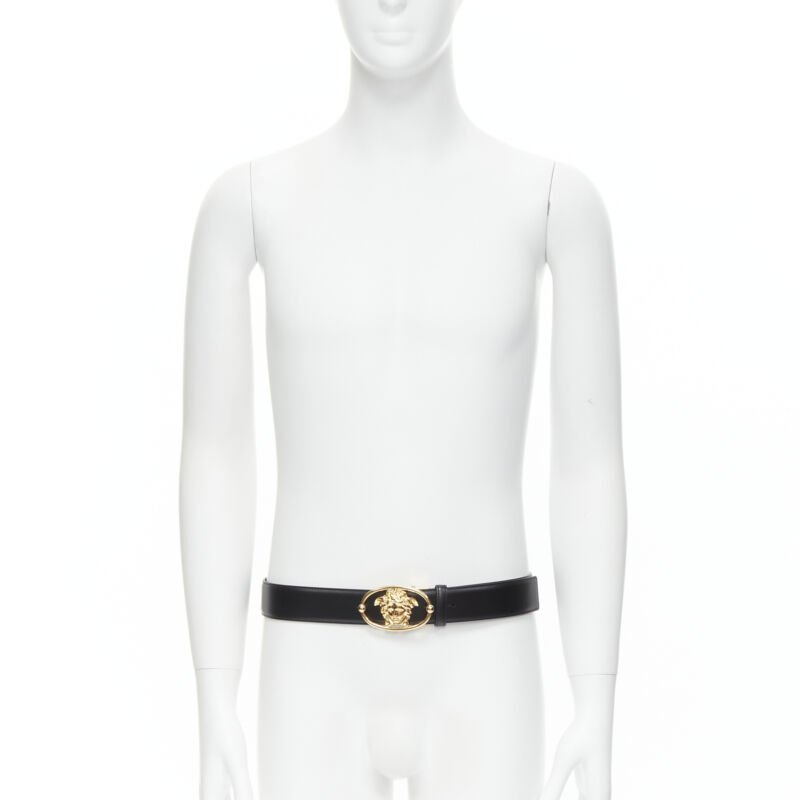 VERSACE La Medusa Insignia gold oval buckle black leather belt  105cm 40-44"