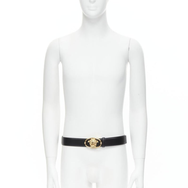 VERSACE La Medusa Insignia gold oval buckle black leather belt 95cm 36-40"