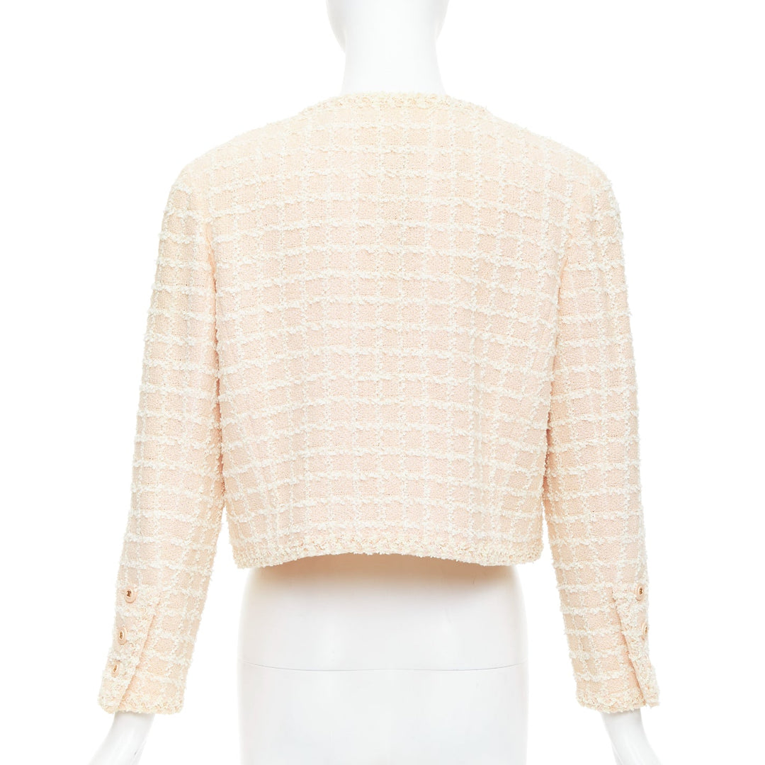 rare CHANEL 94P Vintage pink cotton tweed cropped jacket FR40 L