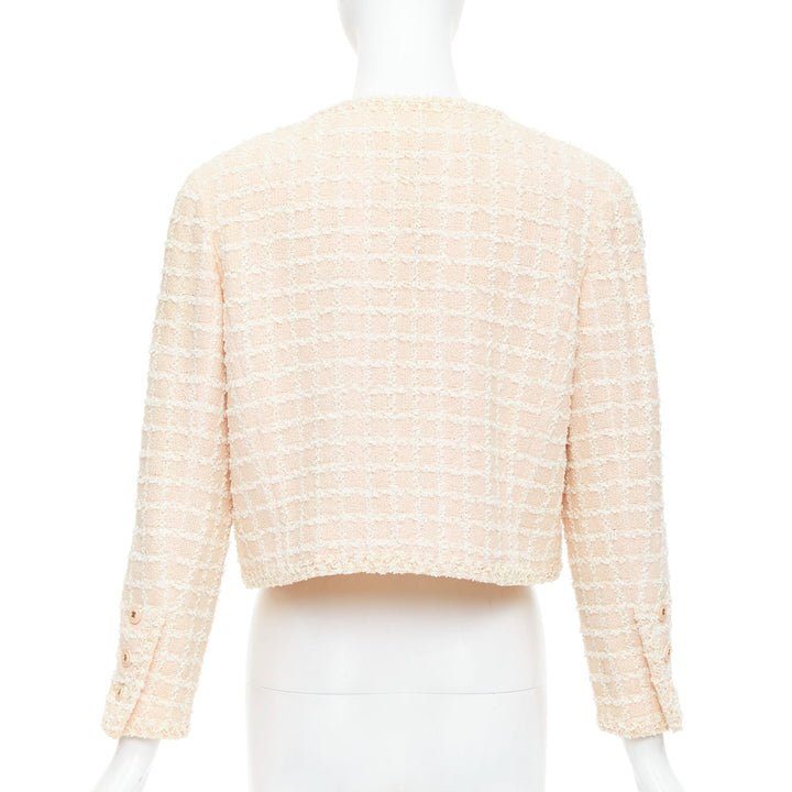 rare CHANEL 94P Vintage pink cotton tweed cropped jacket FR40 L