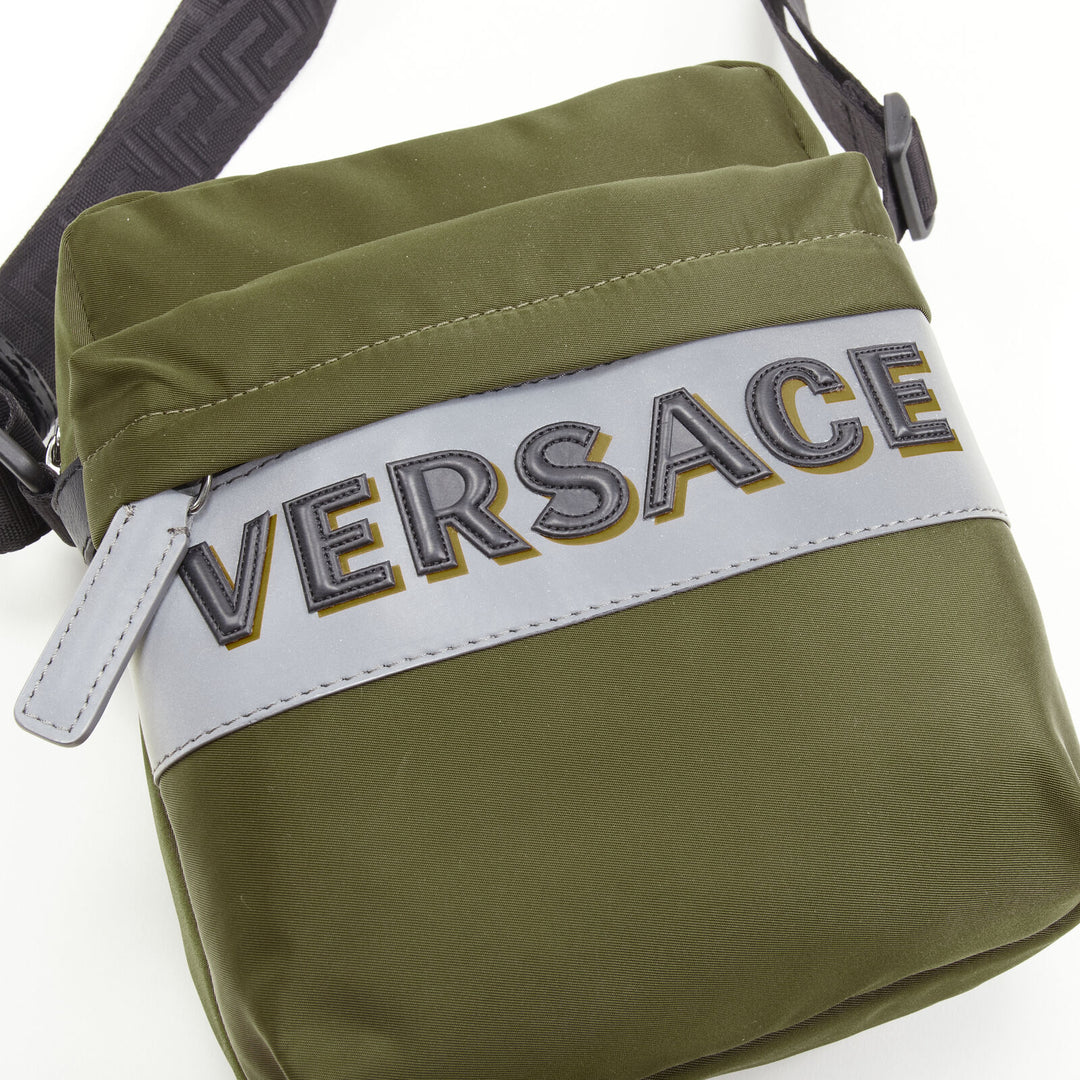 VERSACE reflective logo green nylon Greca strap crossbody messenger bag