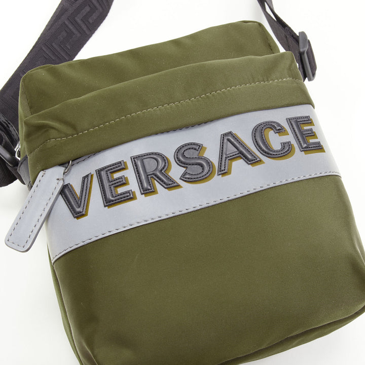 VERSACE reflective logo green nylon Greca strap crossbody messenger bag