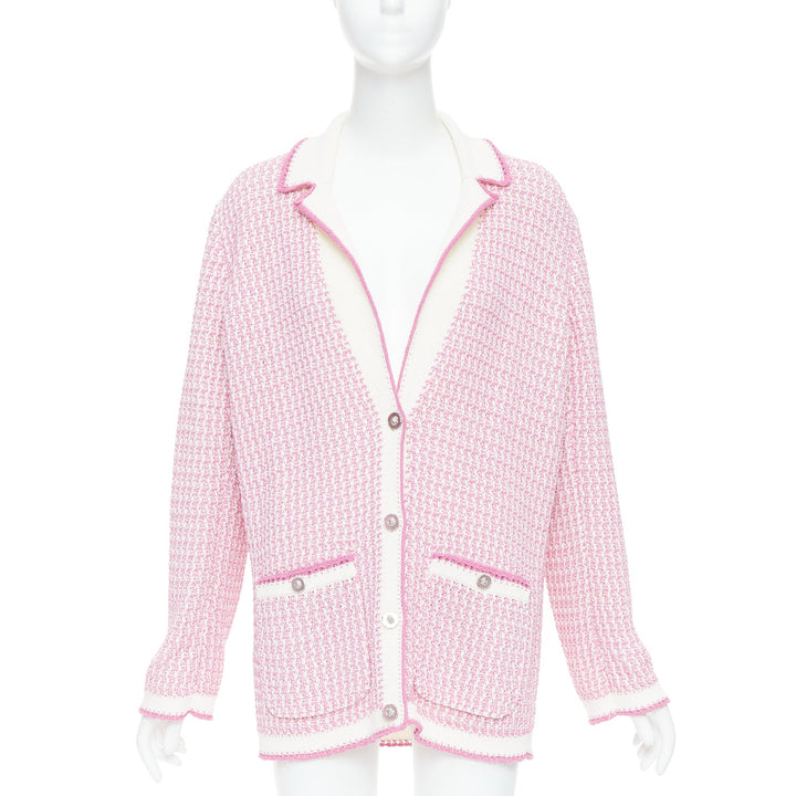 CHANEL 2022 pink white tweed metallic buttons long knit cardigan FR42 XL