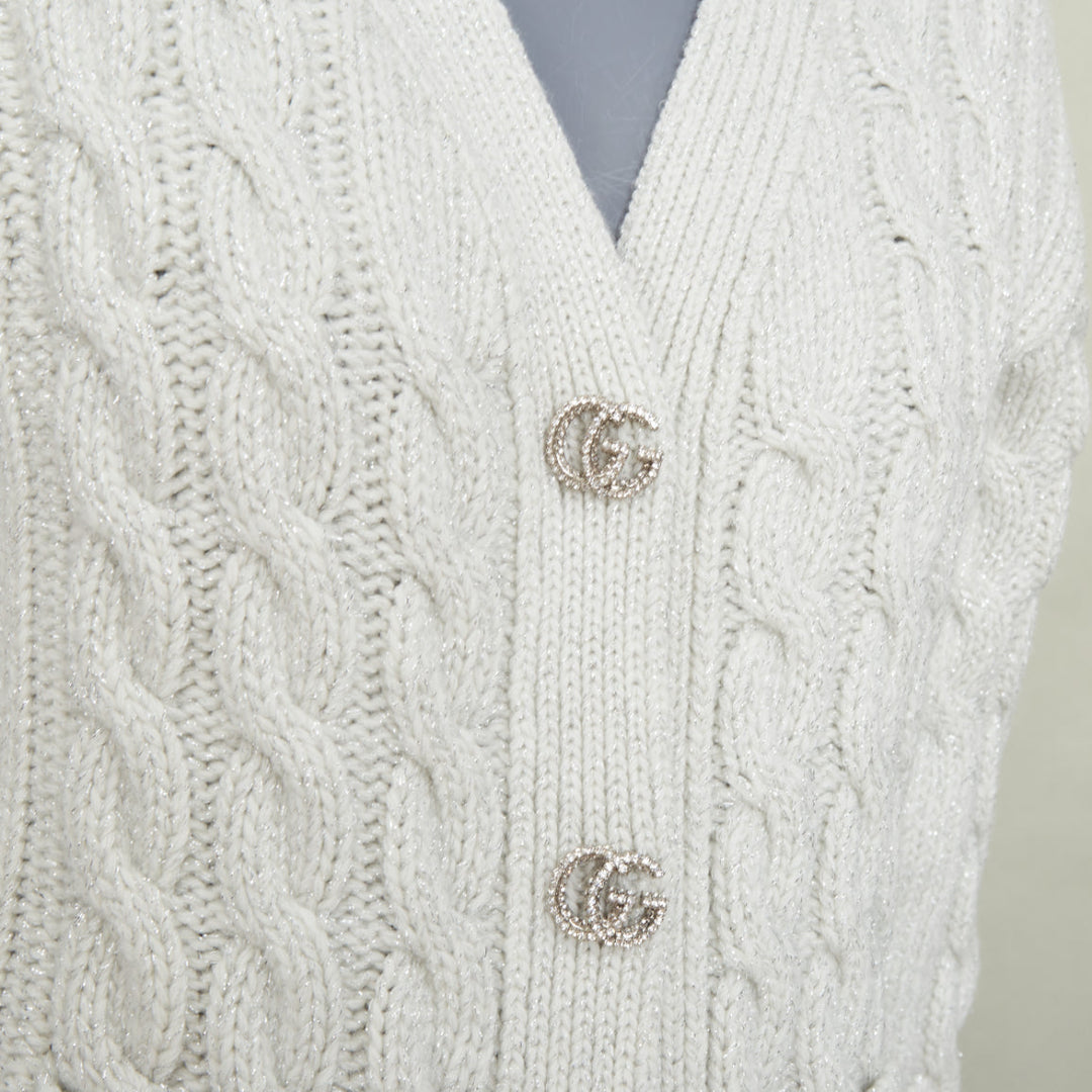 GUCCI 2024 Runway grey lurex metallic cable knit wool cashmere cardigan XS