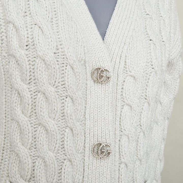 GUCCI 2024 Runway grey lurex metallic cable knit wool cashmere cardigan XS