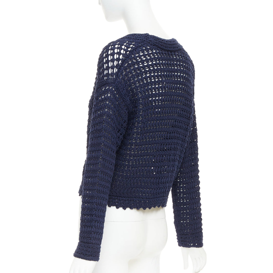 VINCE navy organic cotton crochet open knit scalloped cropped cardigan S