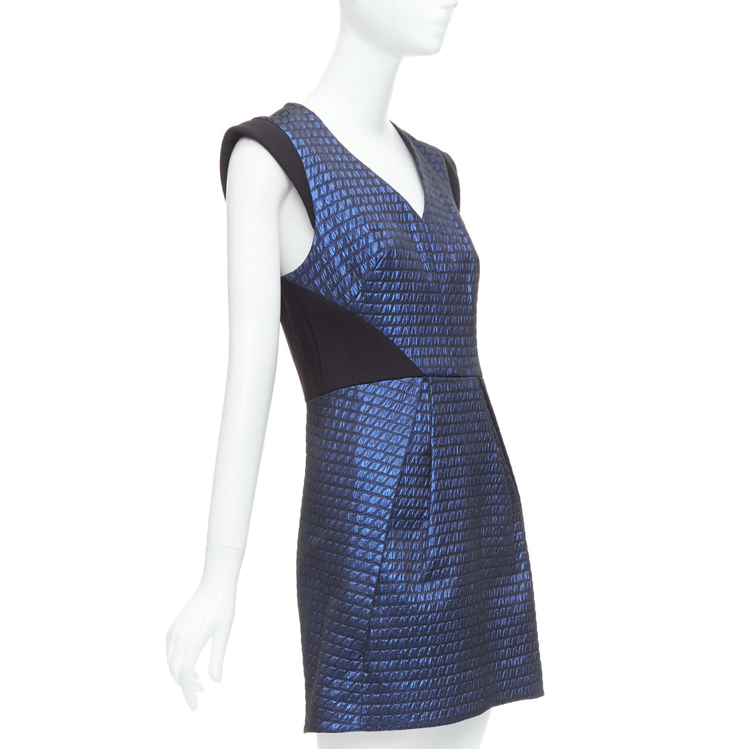 TIBI blue black quilted lurex jacquard V-neck mini dress US6 M