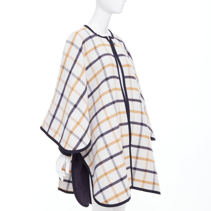 HERMES 2025 Camail Reversible navy cream checked cashmere crew cape poncho