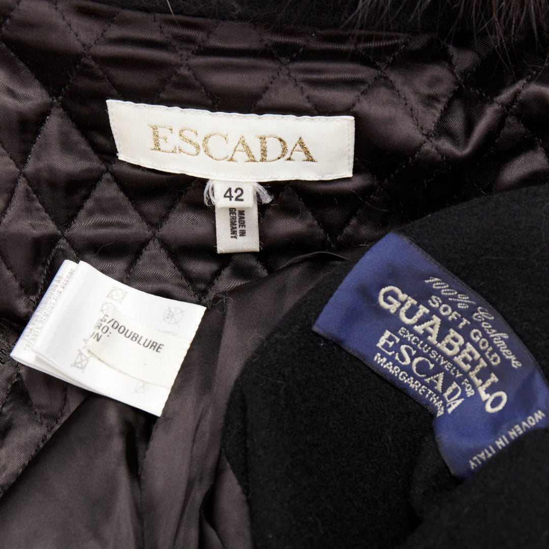 ESCADA Vintage black 100% cashmere brown fur collar belted long coat IT42 M