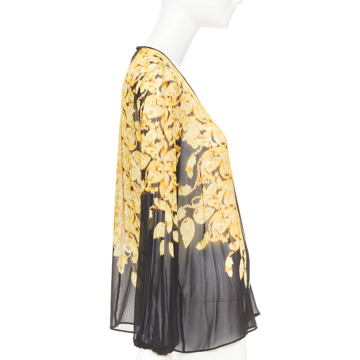 GIAMBATTISTA VALLI silk gold black grosgrain print sheer chiffon blouse IT38 XXS