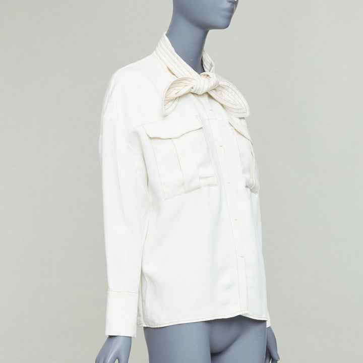 C/MEO COLLECTIVE cream bow tie neck overstitched pocketed shirt M