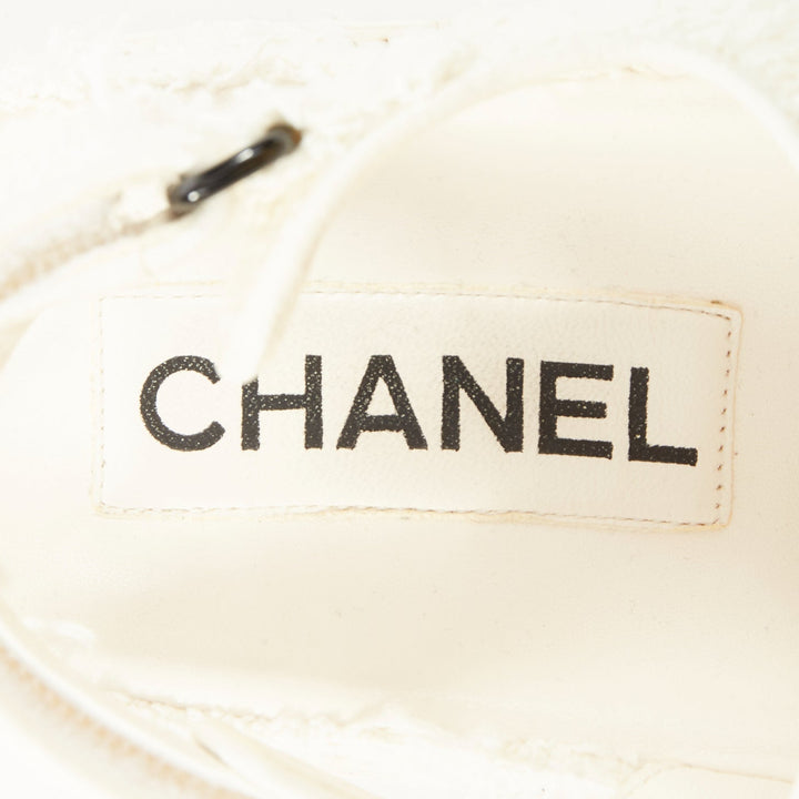 CHANEL 2021 frayed white tweed CC hook and loop open toe dad sandals EU37.5C