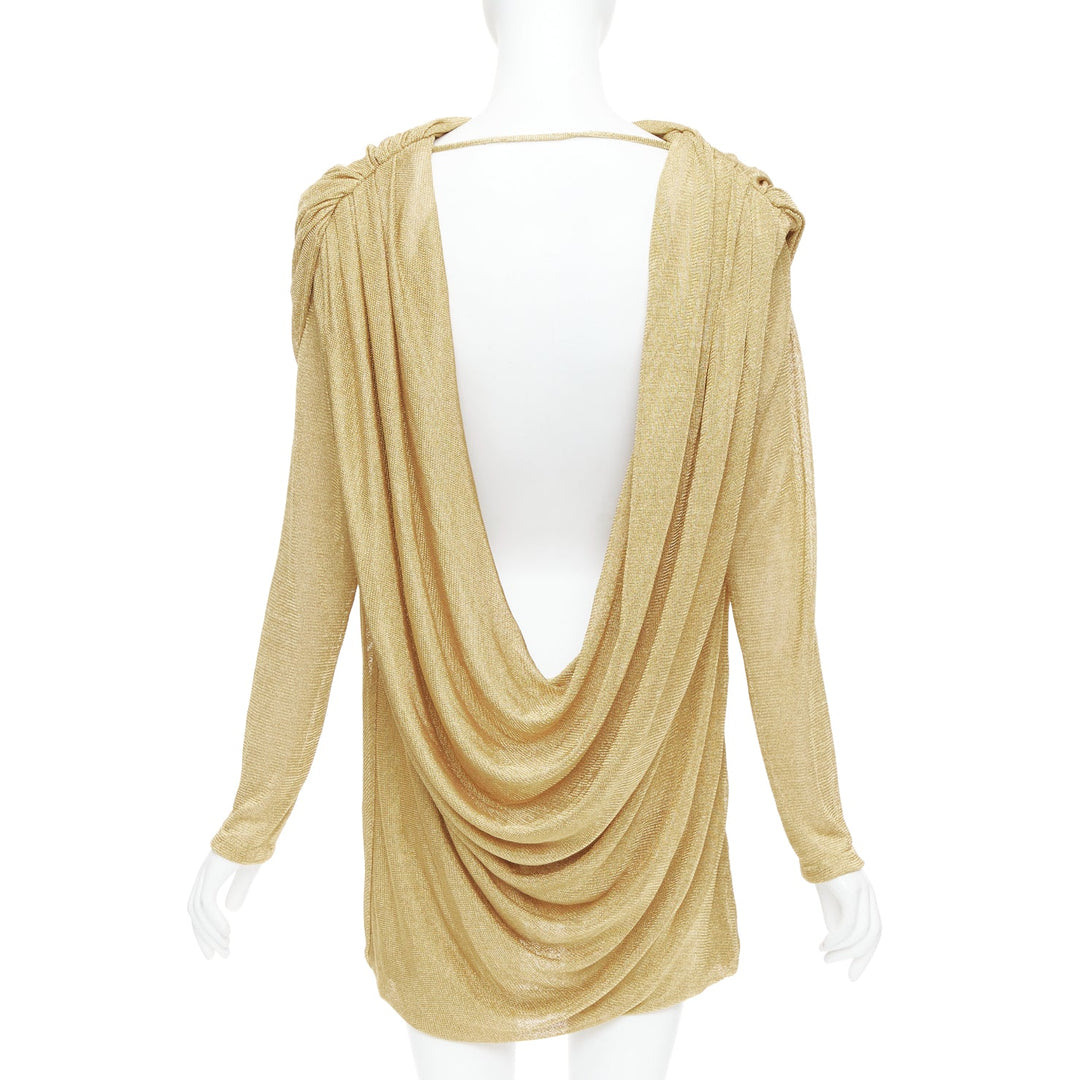 KHAITE Taiden gold metallic stretch knit drape open back mini dress L