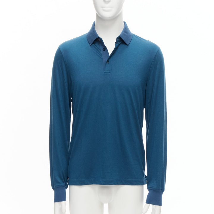 LORO PIANA teal blue 100% cashmere stitch button detail long sleeve polo shirt M