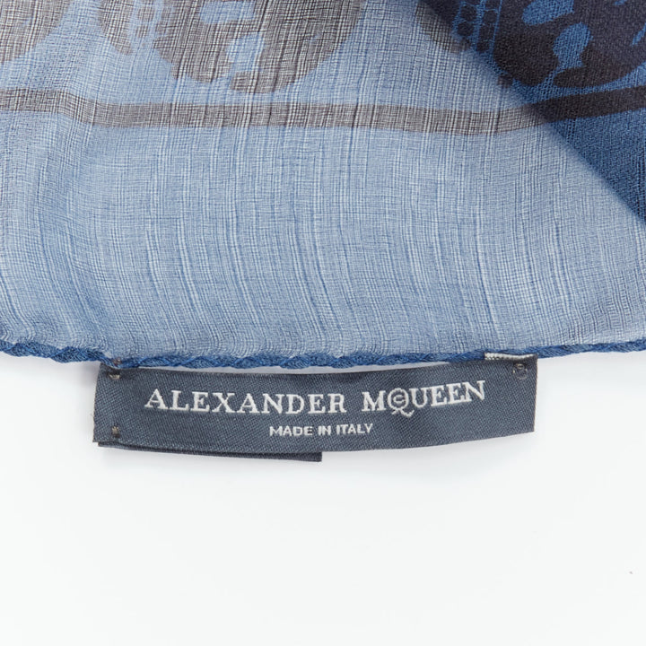 ALEXANDER MCQUEEN blue navy skull logo print 100% silk scarf