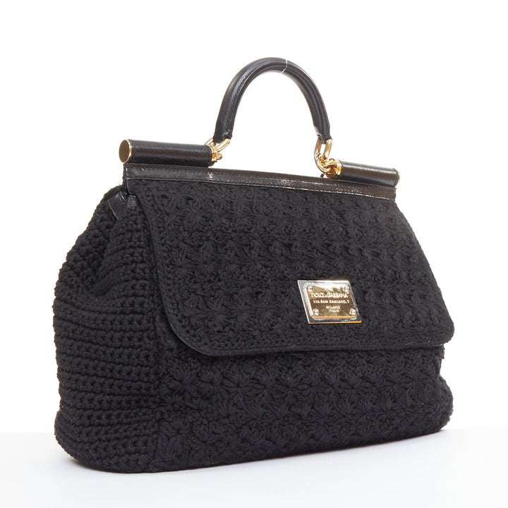 DOLCE GABBANA Sicily black crochet leather gold hardware top handle satchel bag