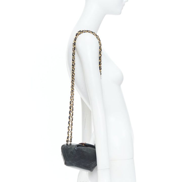 CHANEL 1990 Foldover Diamond Quilted dark grey lambskin mini bucket bag