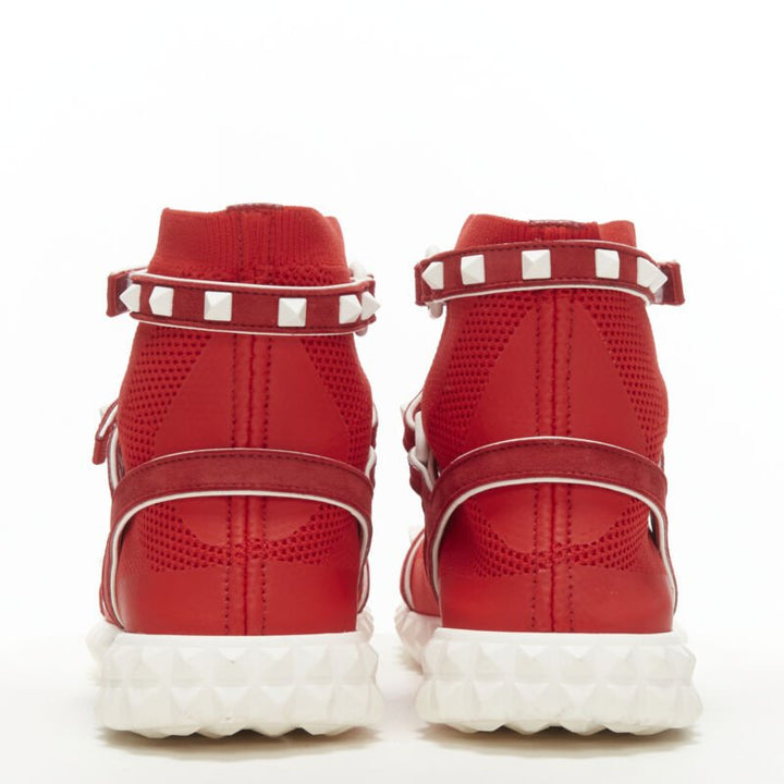 VALENTINO Free Rockstud Bodytech red sock knit white stud high top sneaker EU36