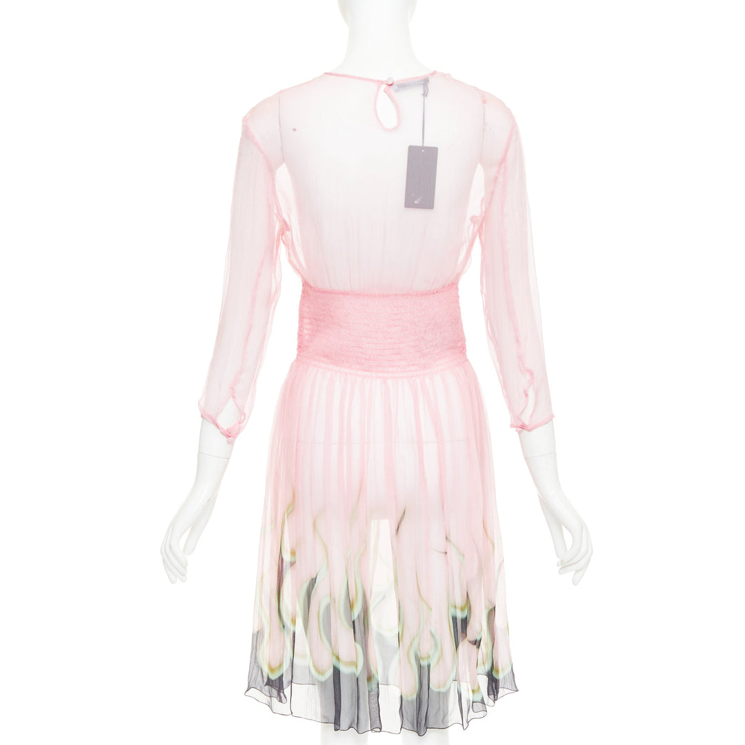 rare PRADA 2012 pink sheer silk chiffon green black flame knee dress IT42 M