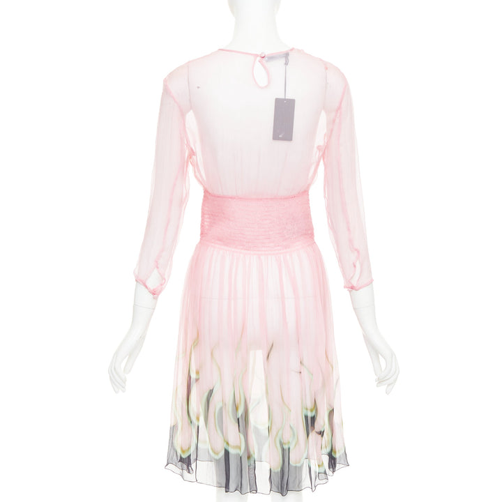 rare PRADA 2012 pink sheer silk chiffon green black flame knee dress IT42 M