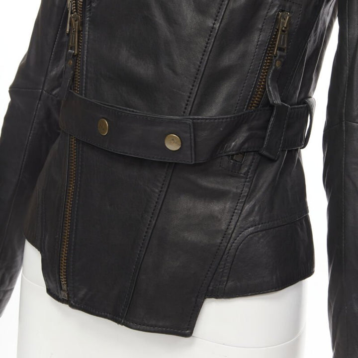 BALENCIAGA 2009 black lambskin leather asymmetric collar biker jacket FR36 XS