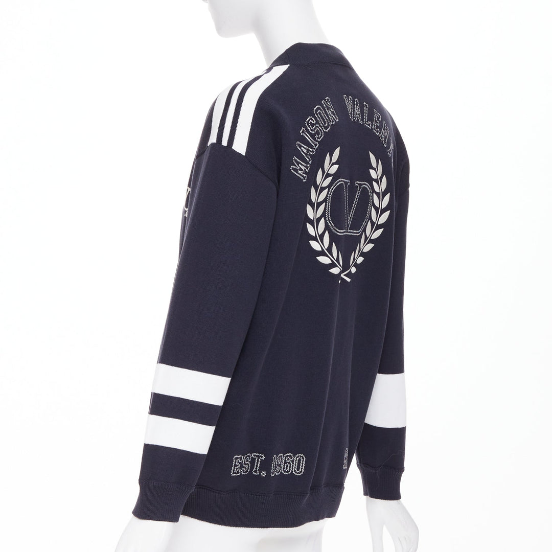 VALENTINO 2022 Vlogo Crest Laurel Crest navy white embroidery varsity cardigan S