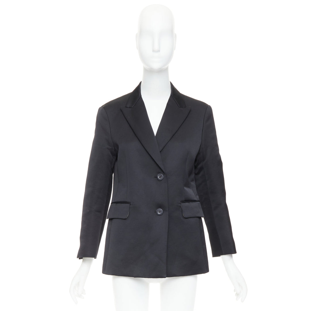 BACCA black satin cropped sleeves single breasted boxy tuxedo blazer