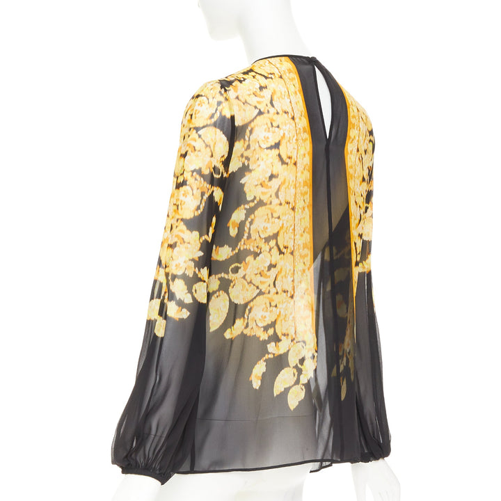 GIAMBATTISTA VALLI silk gold black grosgrain print sheer chiffon blouse IT38 XXS