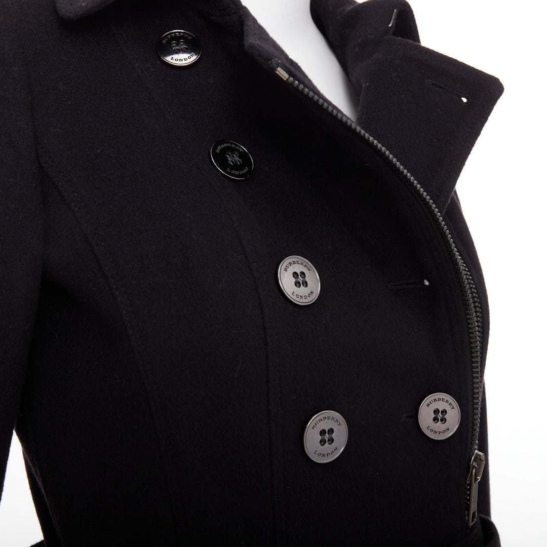 BURBERRY black virgin wool cashmere asymmetric zip belted trench coat UK4 XXS