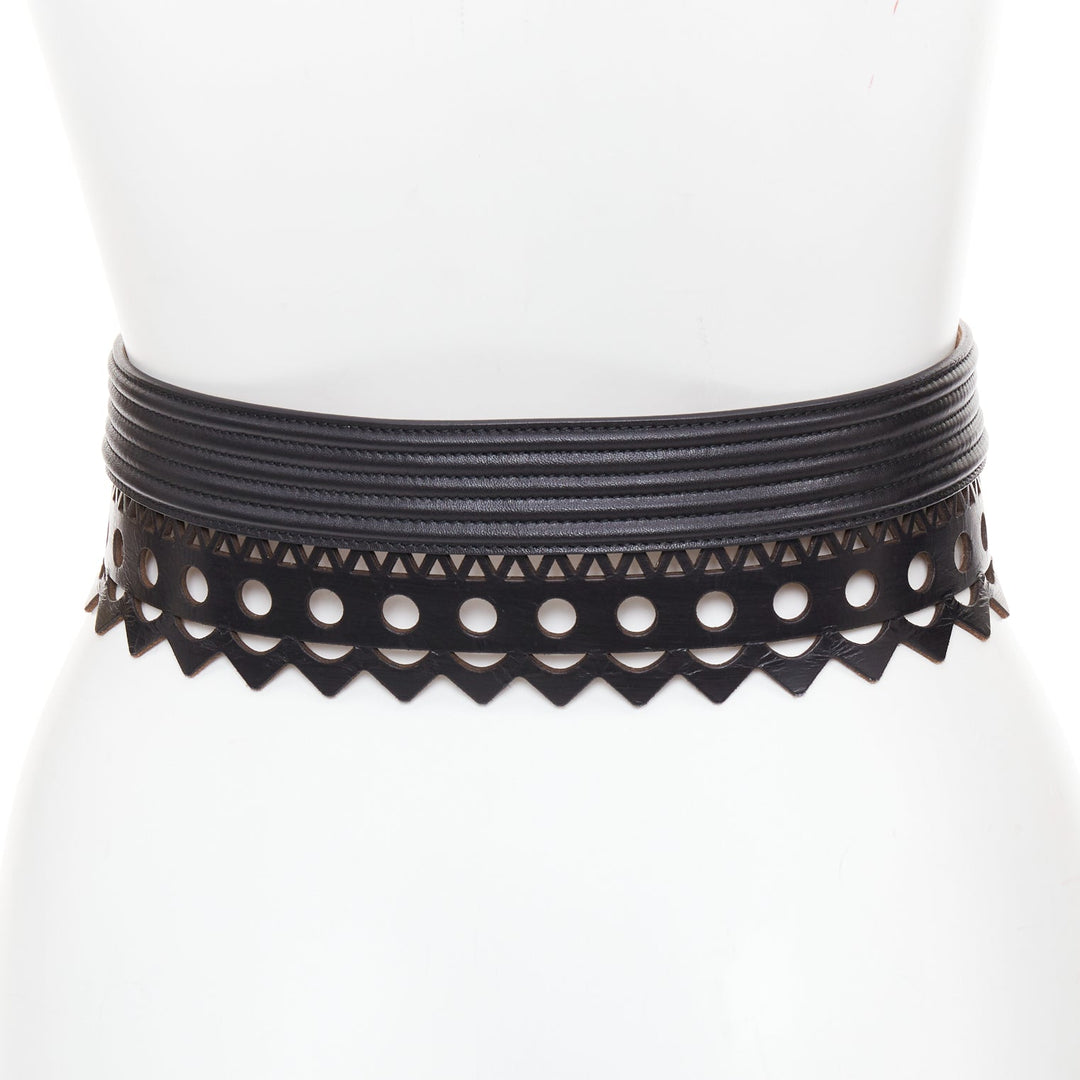 ALAIA Vienne black leather laser cut scalloped  wide waist belt 65cm