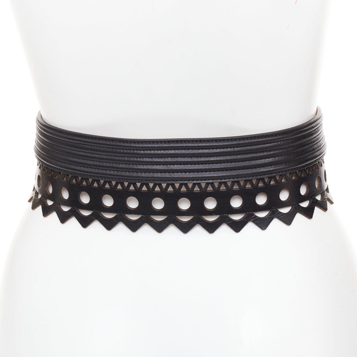 ALAIA Vienne black leather laser cut scalloped  wide waist belt 65cm