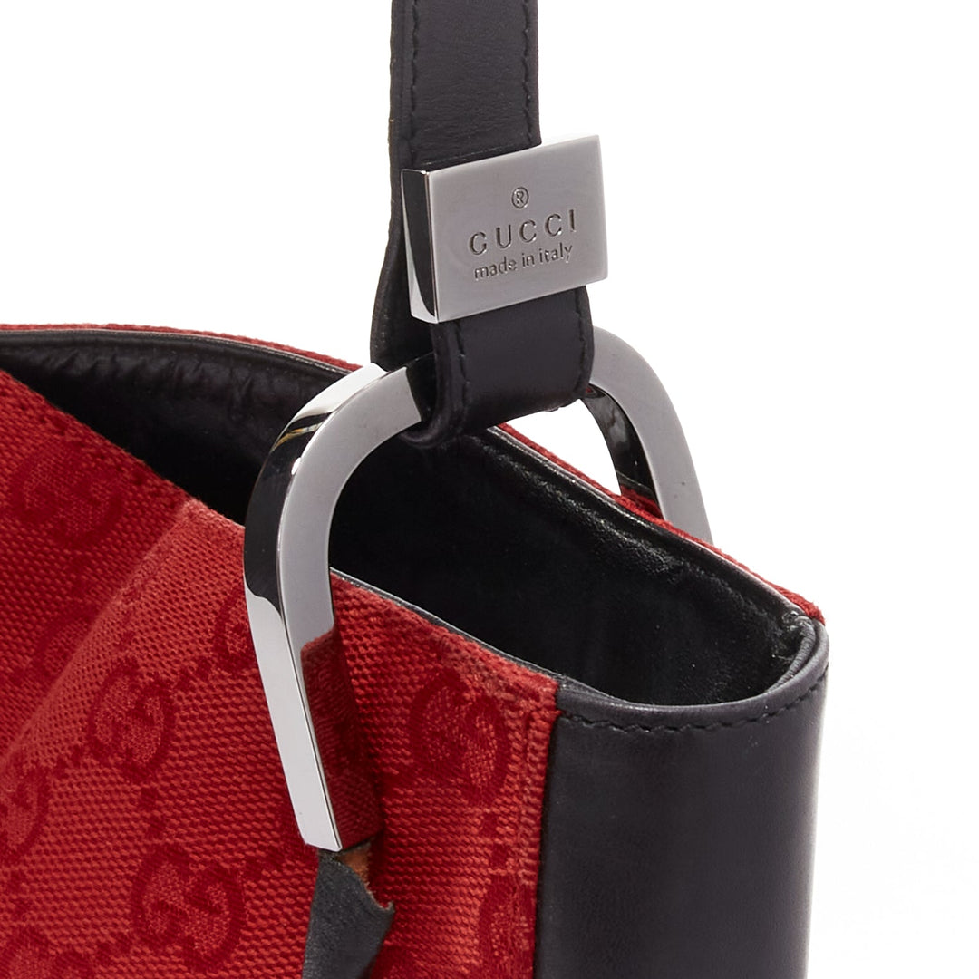 GUCCI Vintage red GG monogram canvas black leather drawstring bag