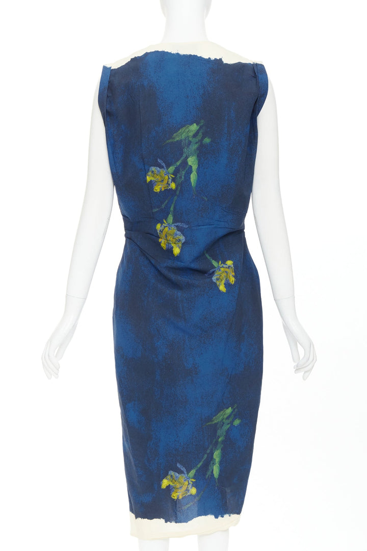 PRADA 202 Runway navy blue yellow paper viscose crinkled floral dress IT38 XS